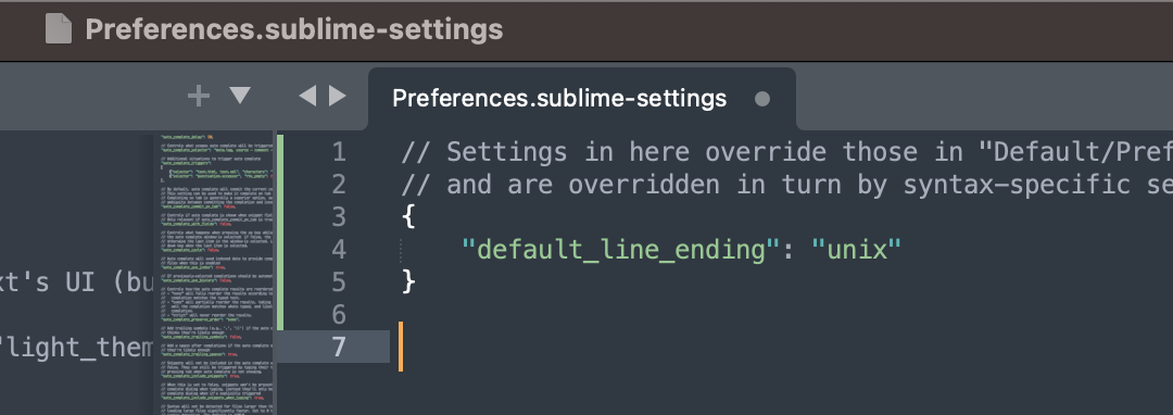 Preferences.sublime-settings for line ending